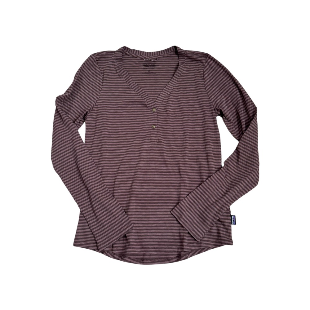 Patagonia Women's Long Sleeve Striped Henley Top - Mauve & Dark Gray